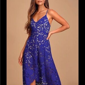 Lulu's Blue Lace Spaghetti Strap Midi Dress